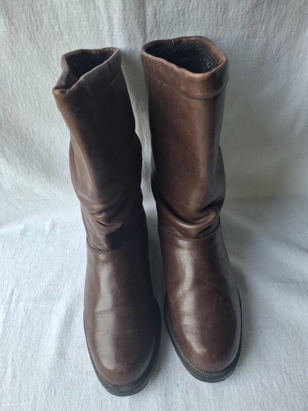 Women’s Brown Leather Pullon Mid-Calf Heeled Boots